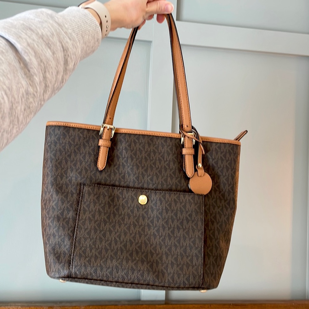 Michael Kors Brown Leather MK print tote